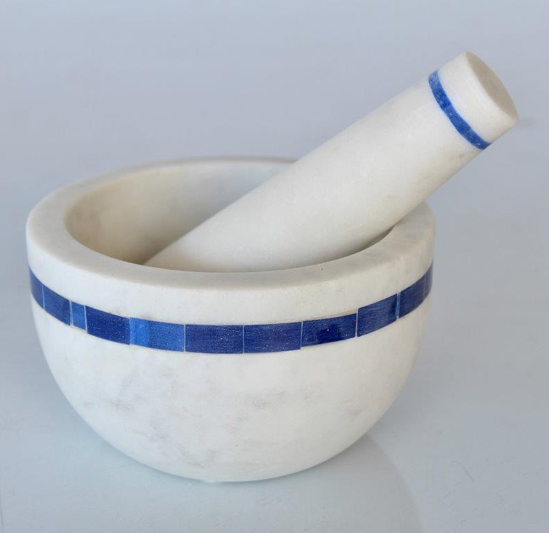White Marble Pestle & Mortar Blue Inlay